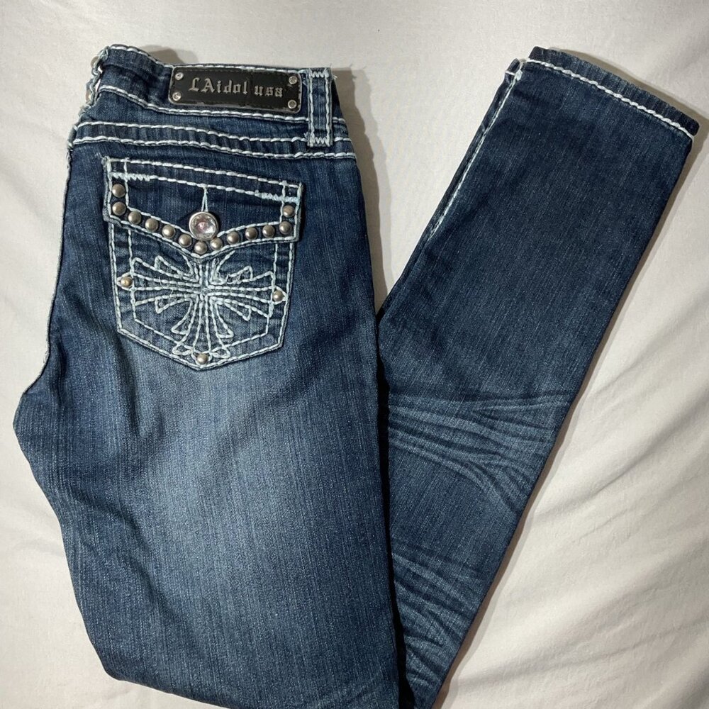 L.A. Idol USA Womens Dark Wash Denim Jeans With Rhinestone Back Pocket SIze 7
